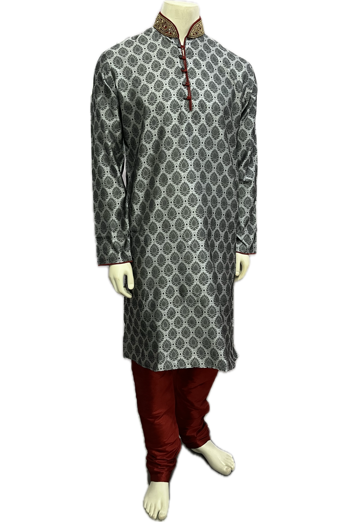 Designer Silk Grey Black Kurta Pajama