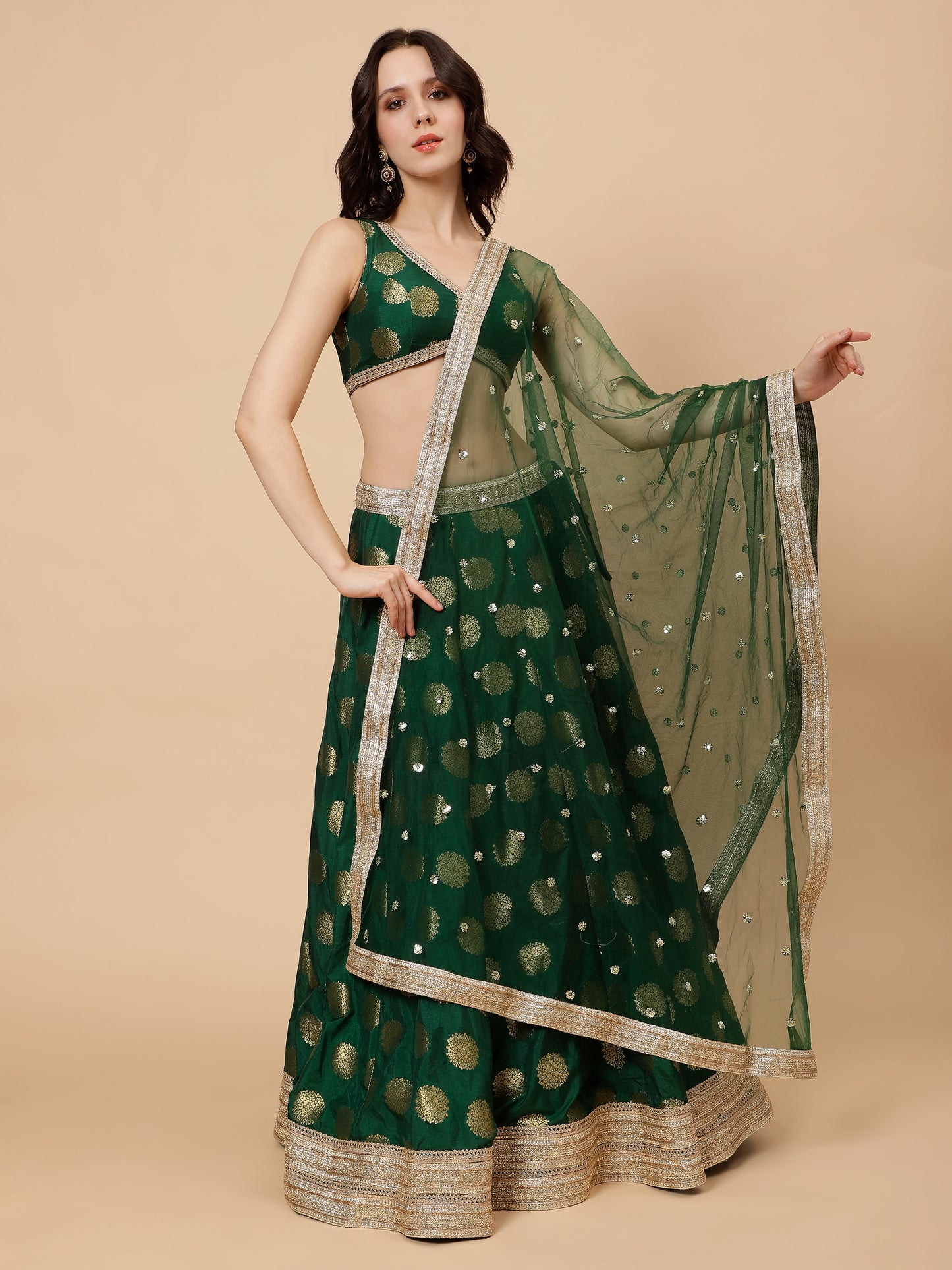 Green Silk lehenga with Zari Booties