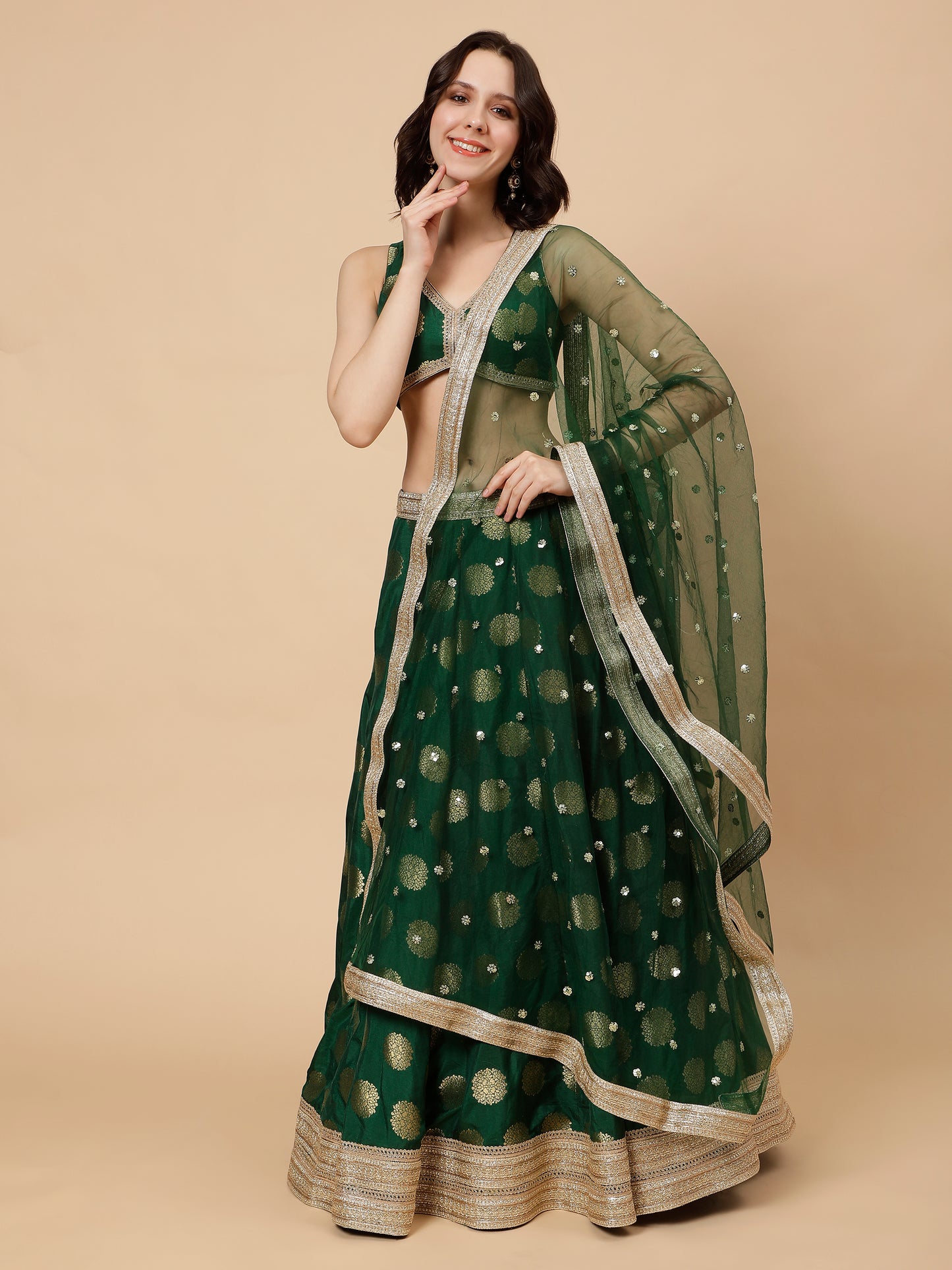 Green Silk lehenga with Zari Booties