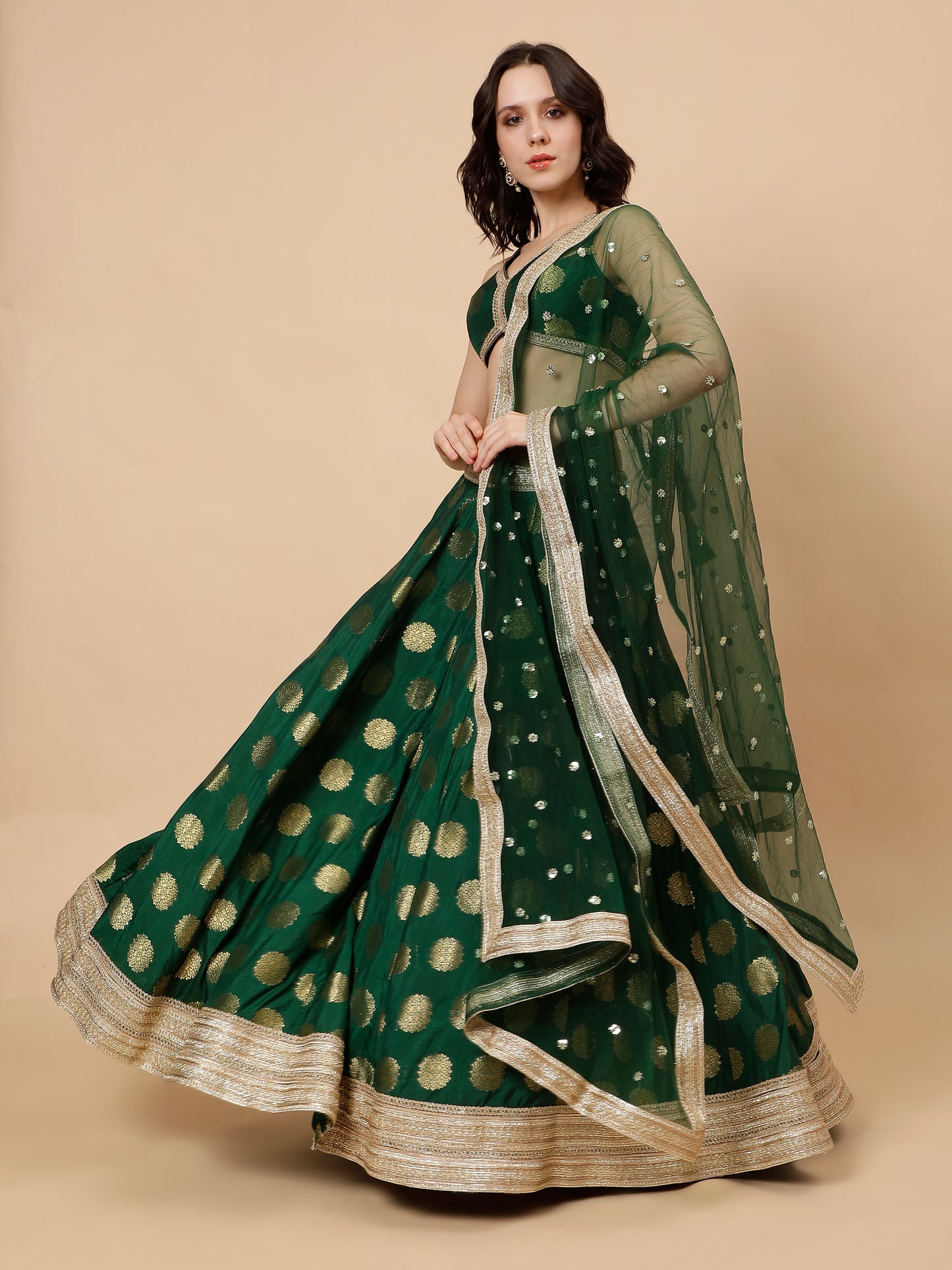 Green Silk lehenga with Zari Booties