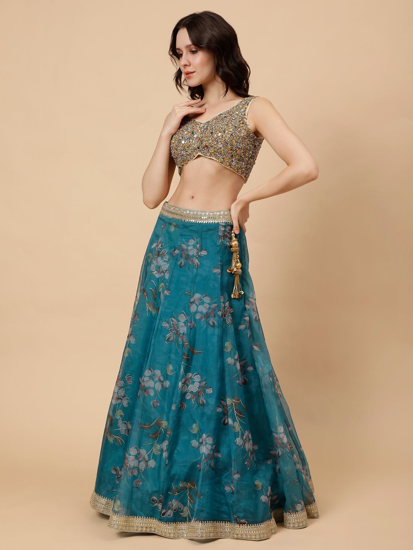 Modern Organza Teal Lehenga with Sequined Golden Blouse