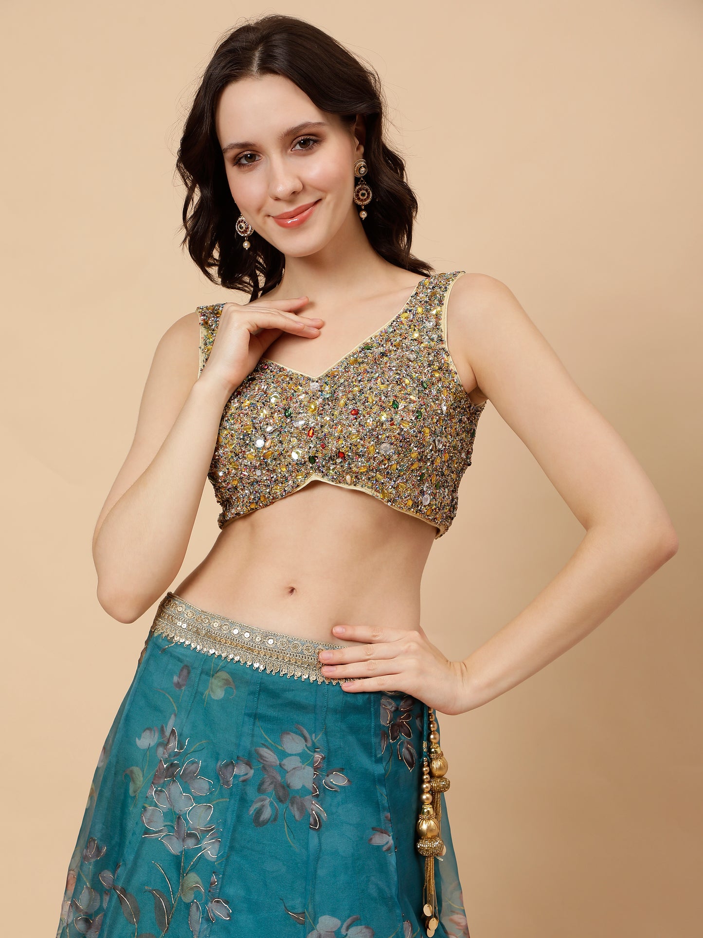 Modern Organza Teal Lehenga with Sequined Golden Blouse