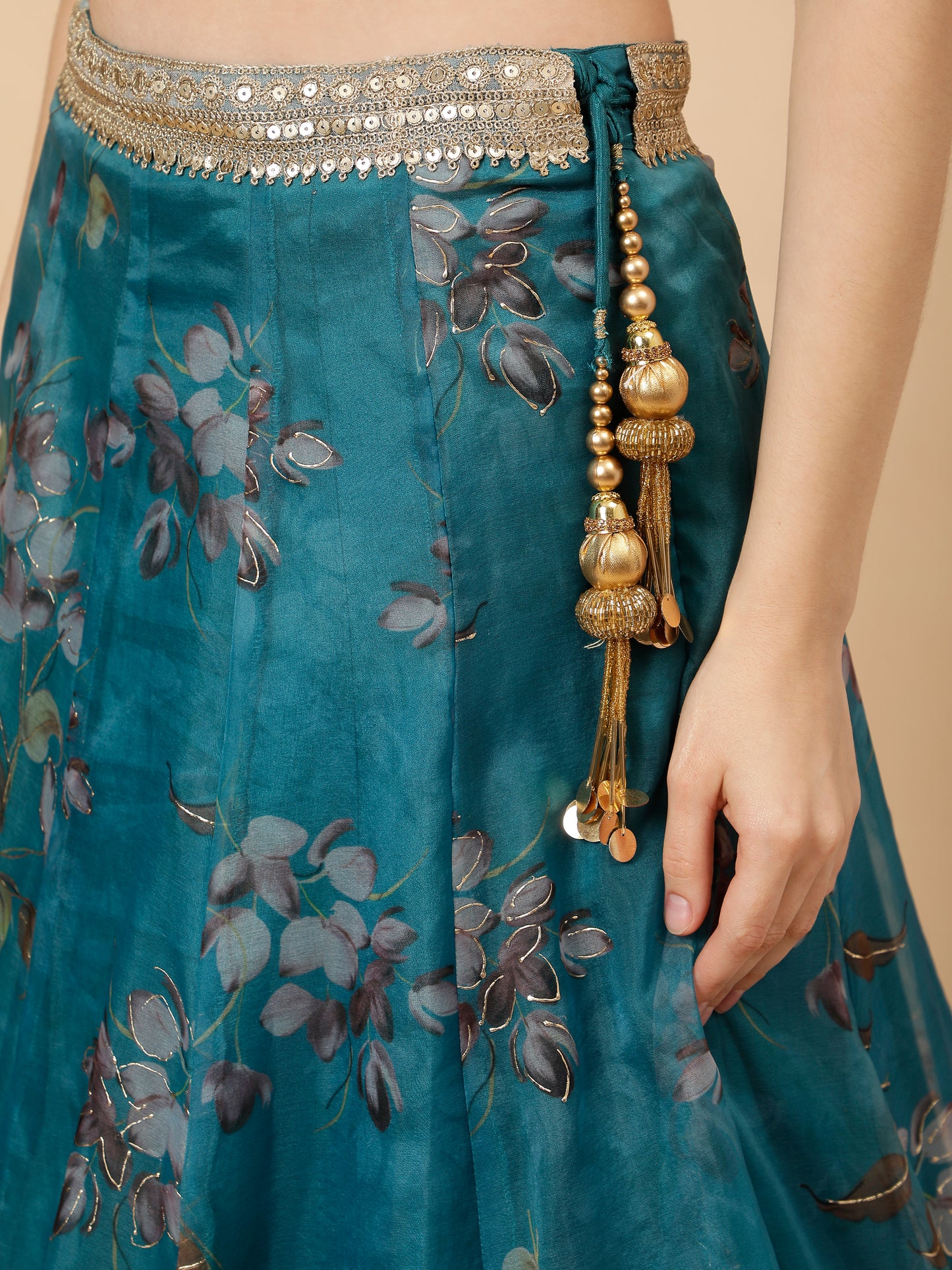 Modern Organza Teal Lehenga with Sequined Golden Blouse