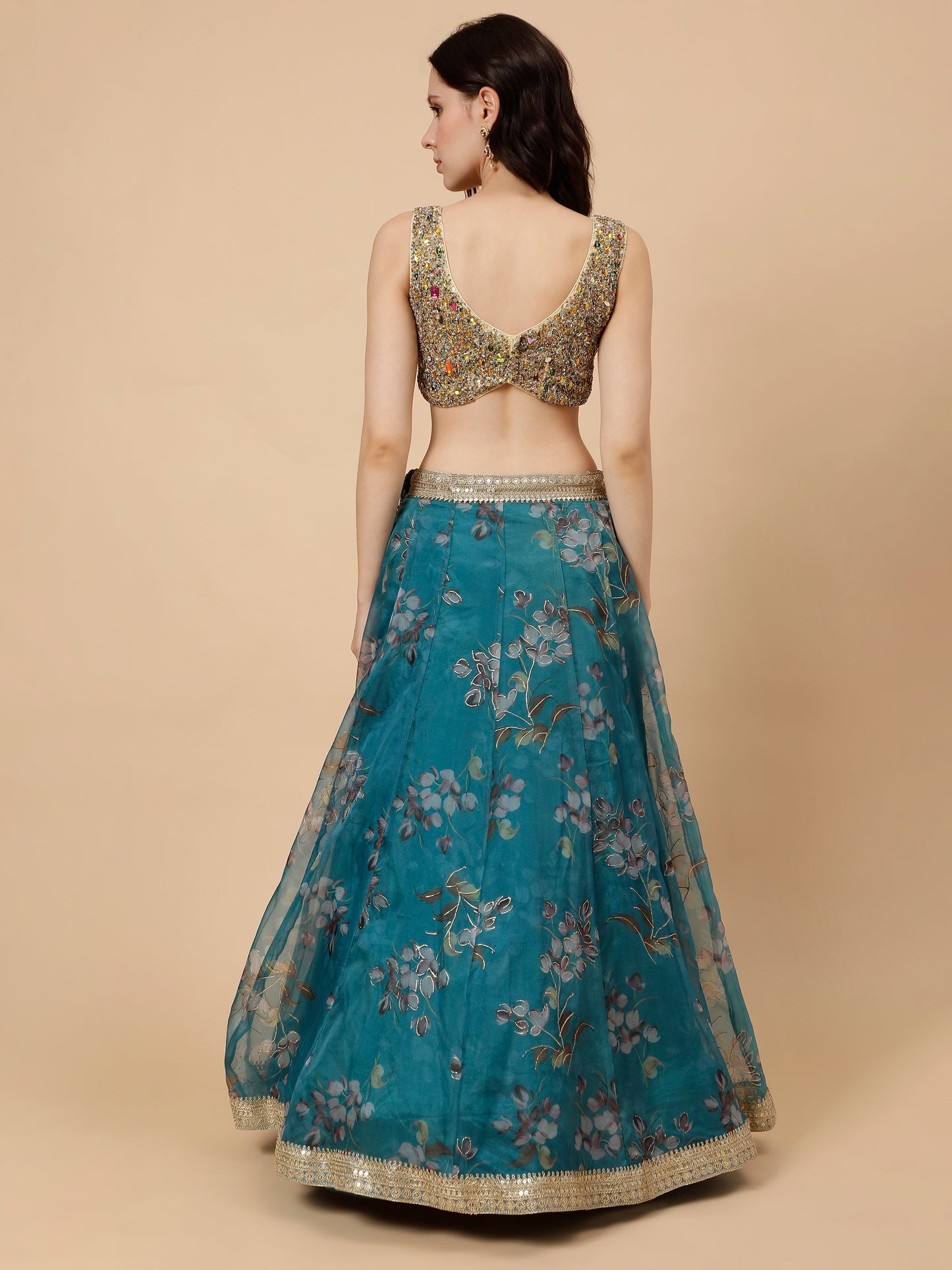 Modern Organza Teal Lehenga with Sequined Golden Blouse