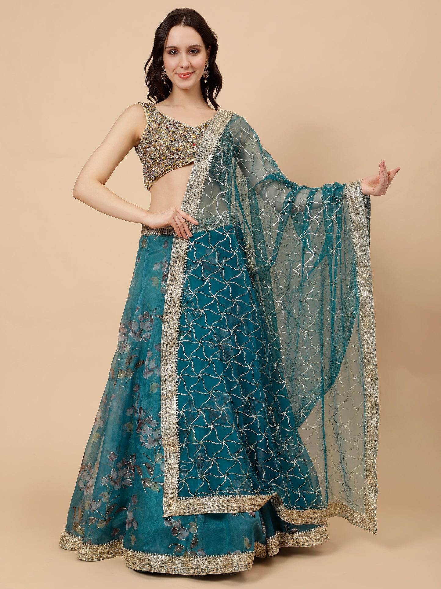 Modern Organza Teal Lehenga with Sequined Golden Blouse