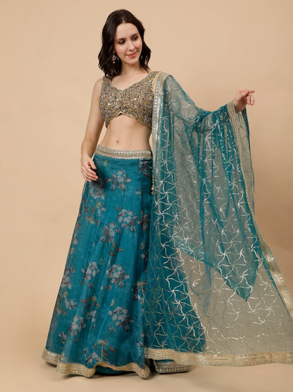 Modern Organza Teal Lehenga with Sequined Golden Blouse