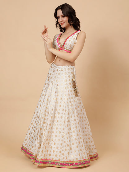 White silk lehenga with zari booties and Pink chunni