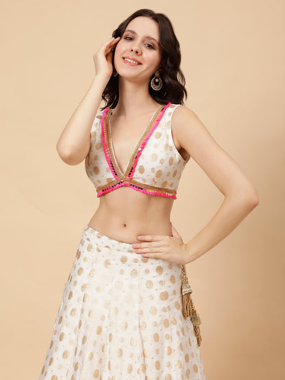 White silk lehenga with zari booties and Pink chunni