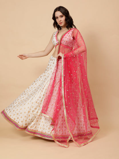 White silk lehenga with zari booties and Pink chunni