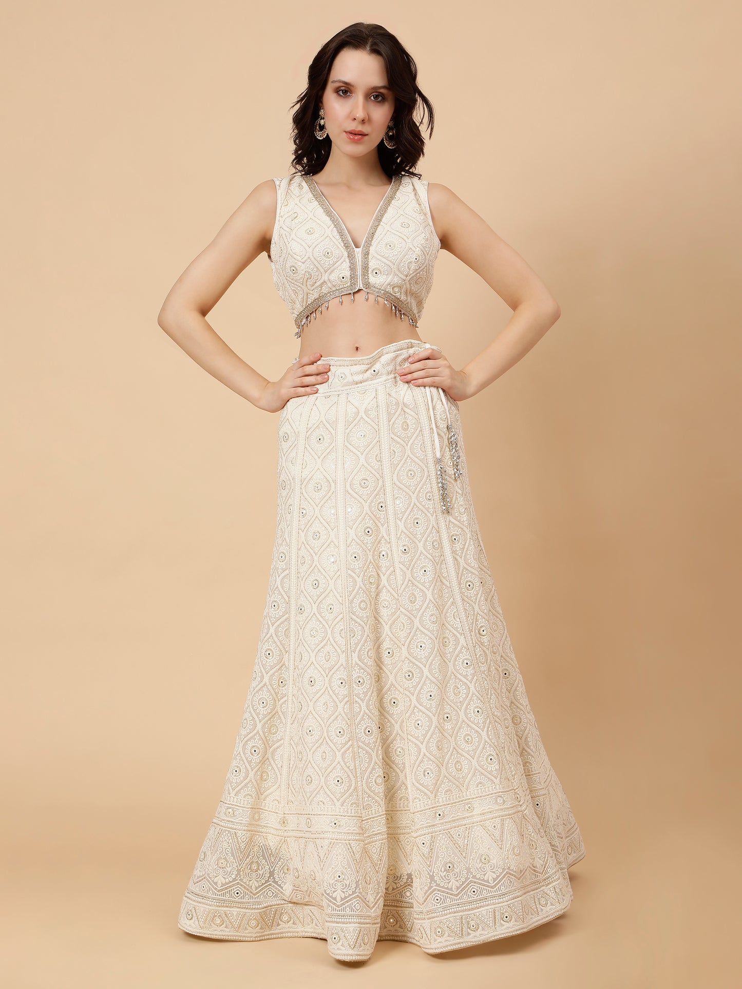 Modern White Chichenkari Lehenga