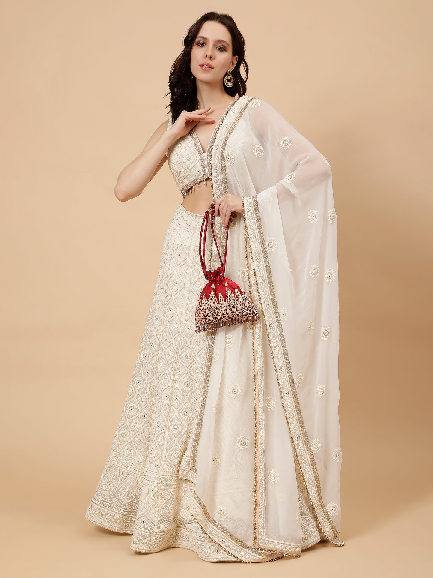 Modern White Chichenkari Lehenga