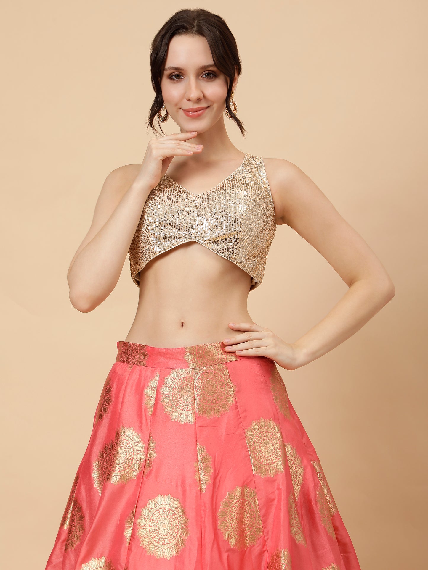 Modern Light Peach Lehenga with Golden Blouse