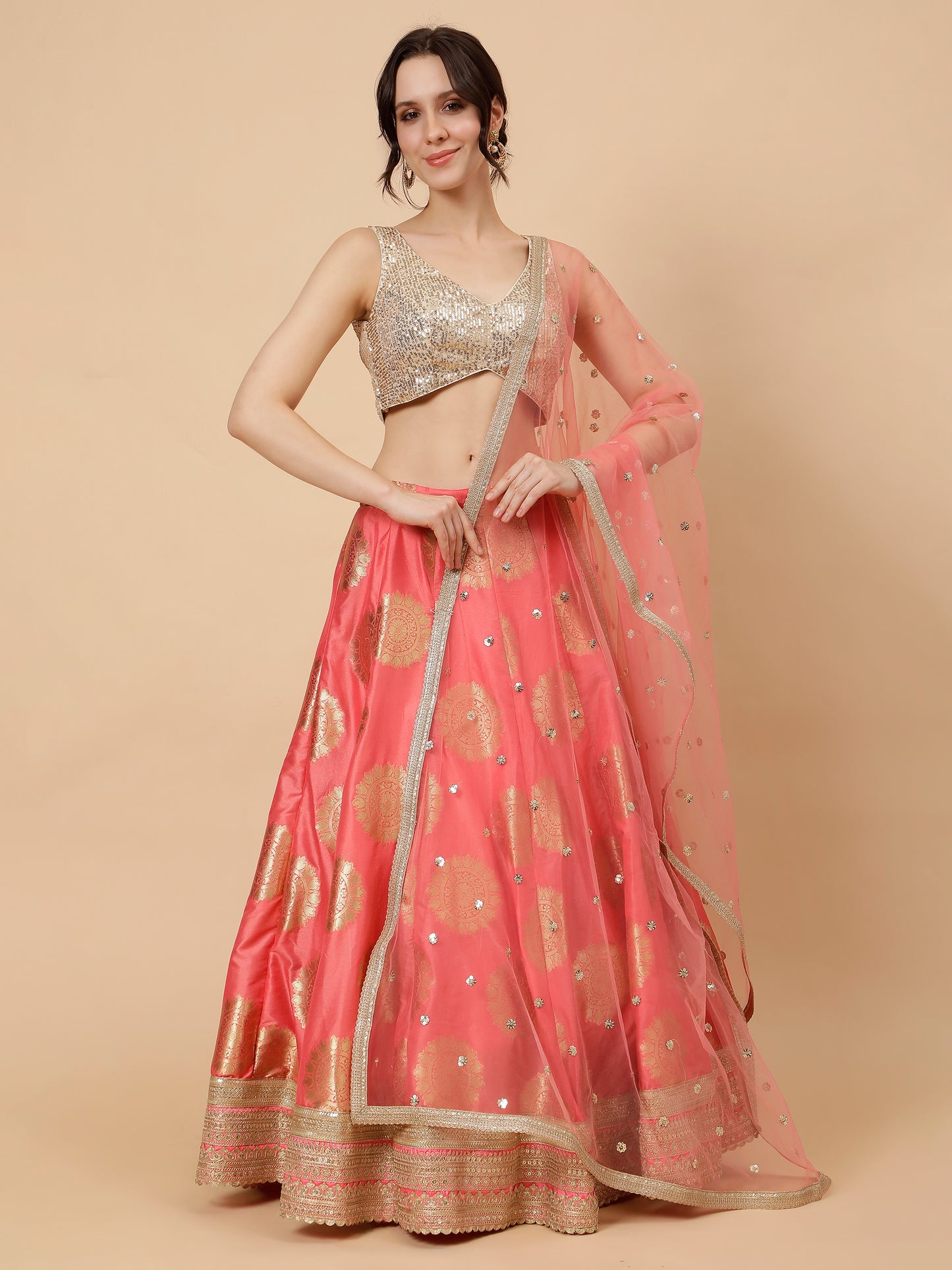 Modern Light Peach Lehenga with Golden Blouse