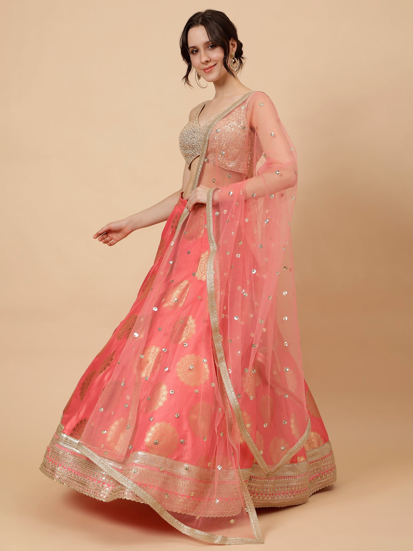 Modern Light Peach Lehenga with Golden Blouse