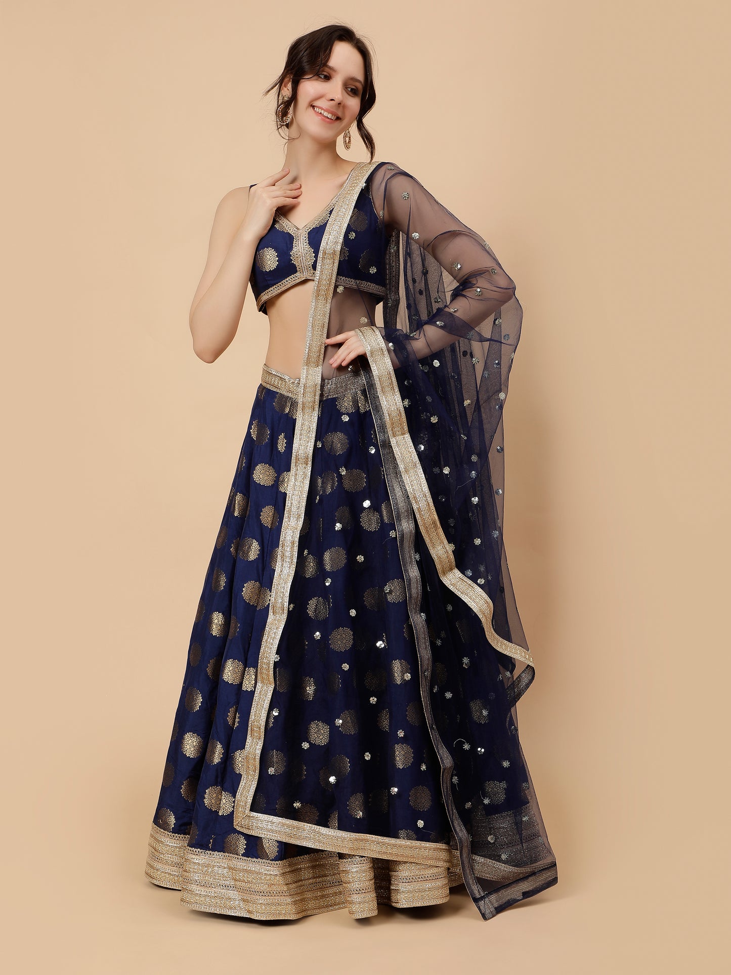 Modern Navy Blue lehenga with Zari booties