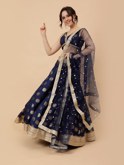 Modern Navy Blue lehenga with Zari booties