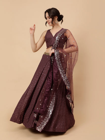 Dark Wine Lehenga with Embroidery