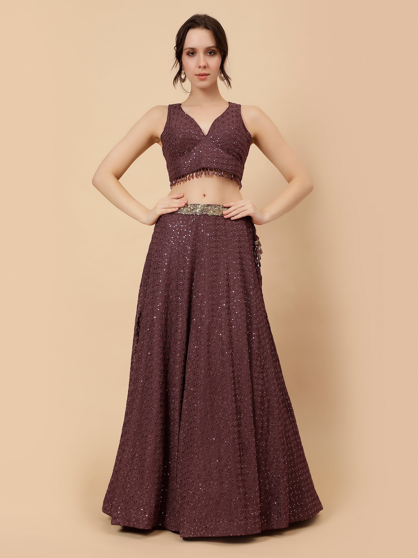 Dark Wine Lehenga with Embroidery