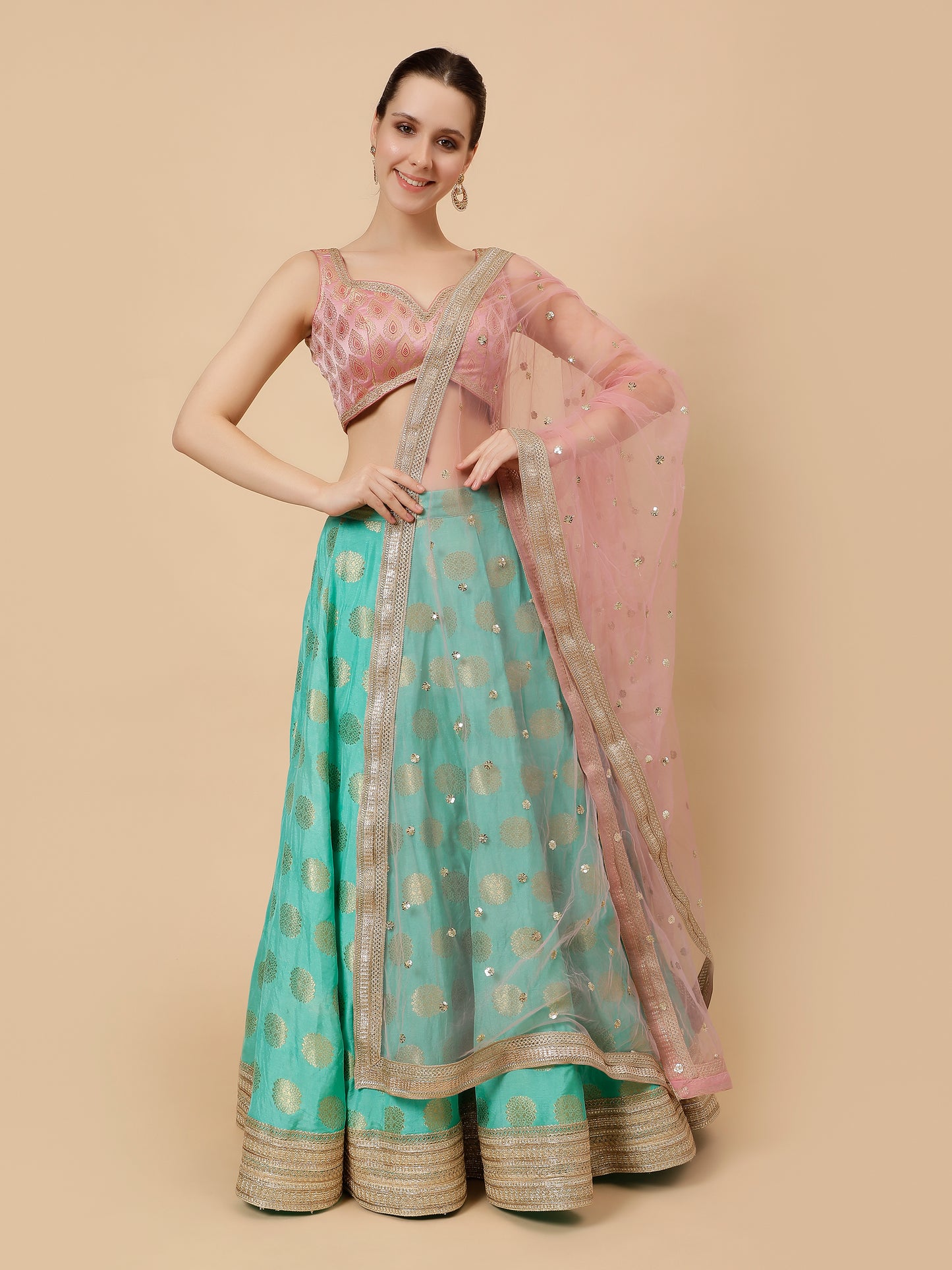 Sea Green lehenga with Modern Baby Pink Blouse