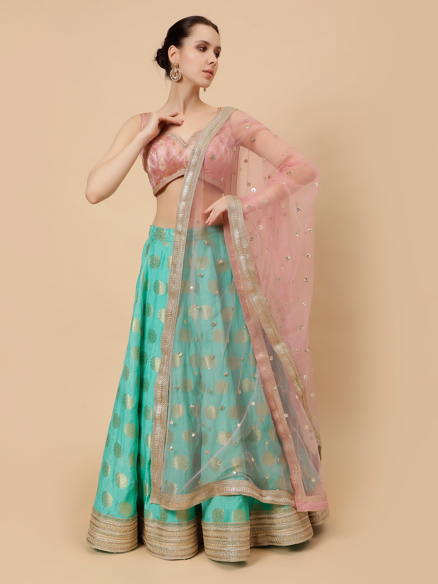 Sea Green lehenga with Modern Baby Pink Blouse