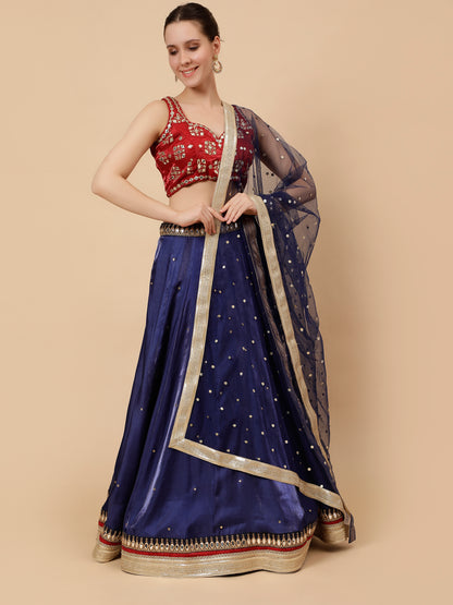 Modern Navy Blue Lehenga with Maroon Blouse