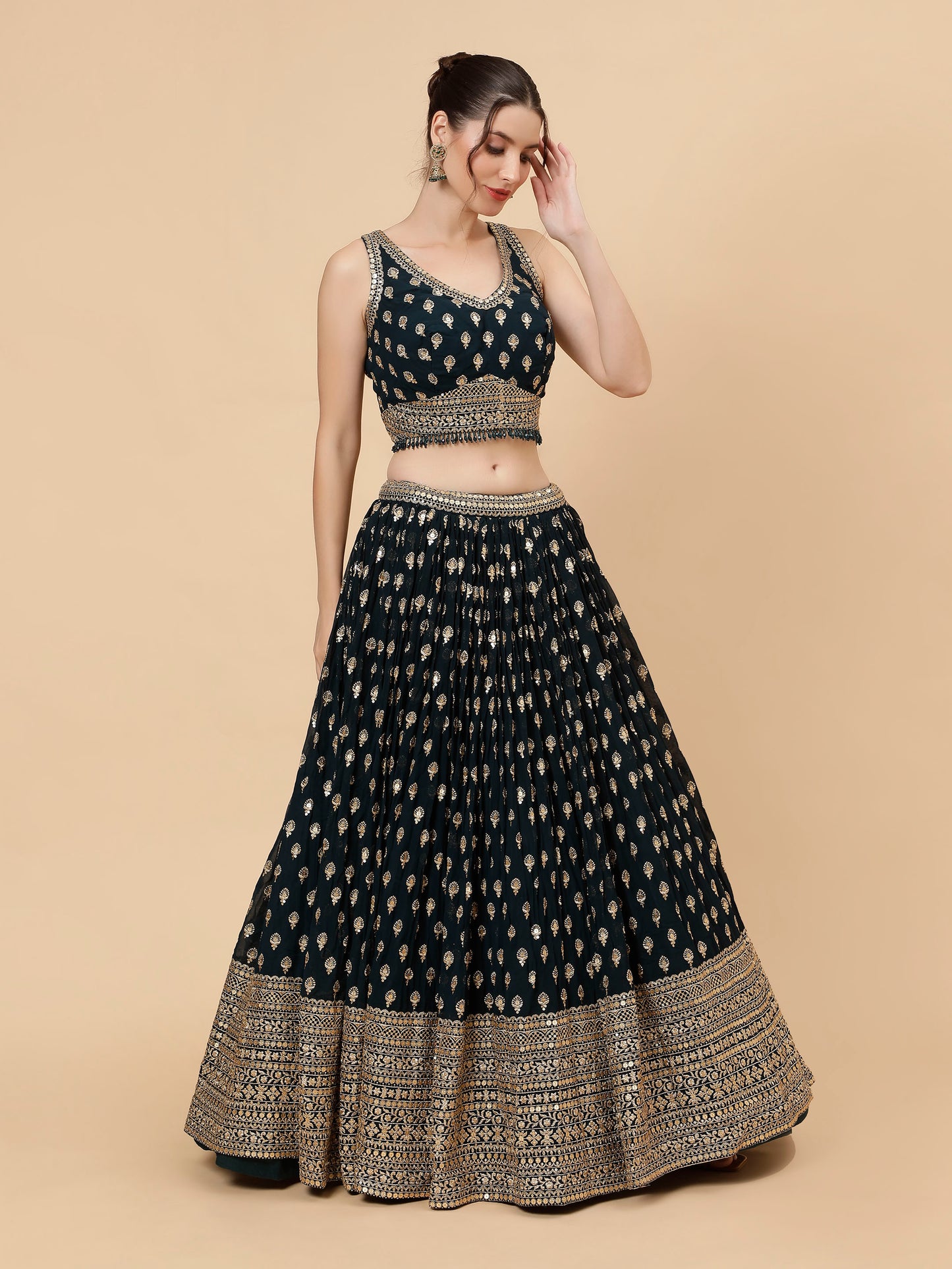 Modern Deep Forest Green Georgette Lehenga