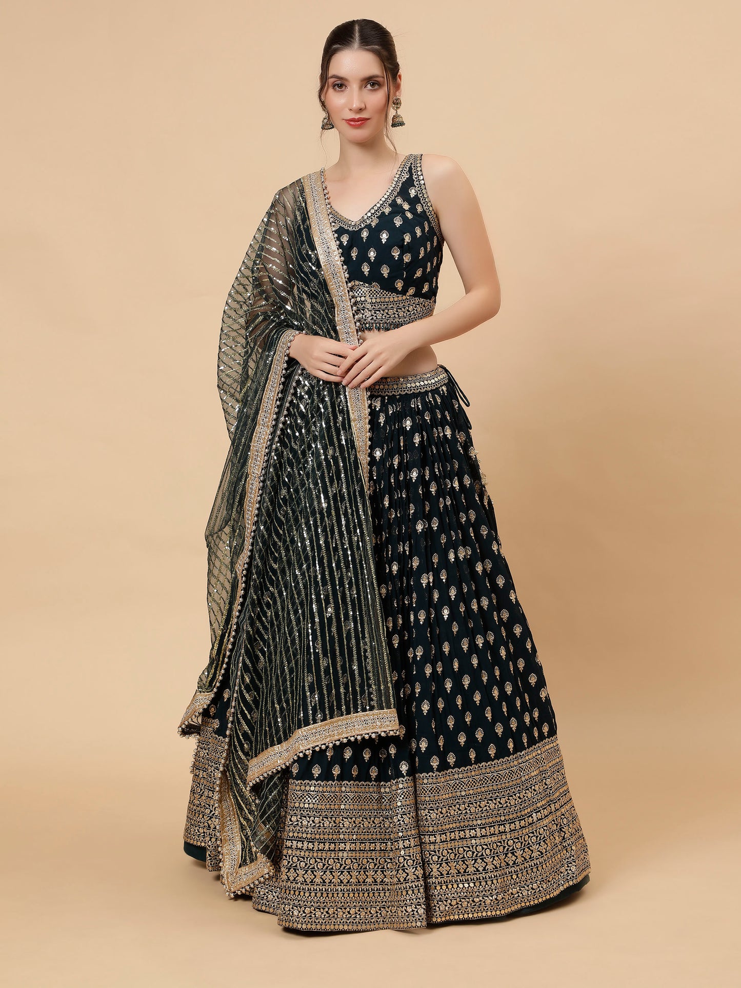 Modern Deep Forest Green Georgette Lehenga