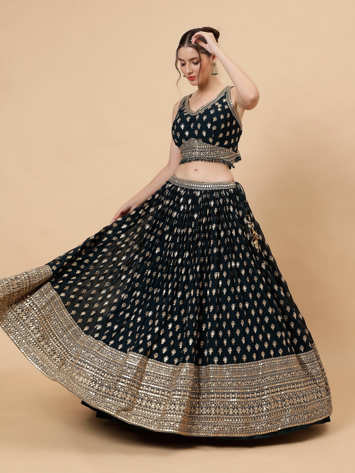 Modern Deep Forest Green Georgette Lehenga