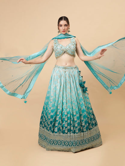 Ombre Teal Blue Modern Lehenga