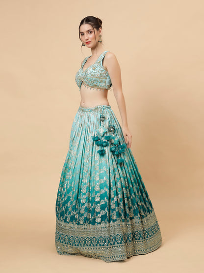 Ombre Teal Blue Modern Lehenga