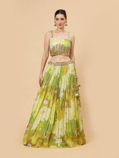 Printed georgette Yellow Green Modern Lehenga