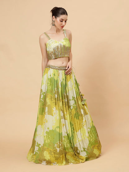 Printed georgette Yellow Green Modern Lehenga