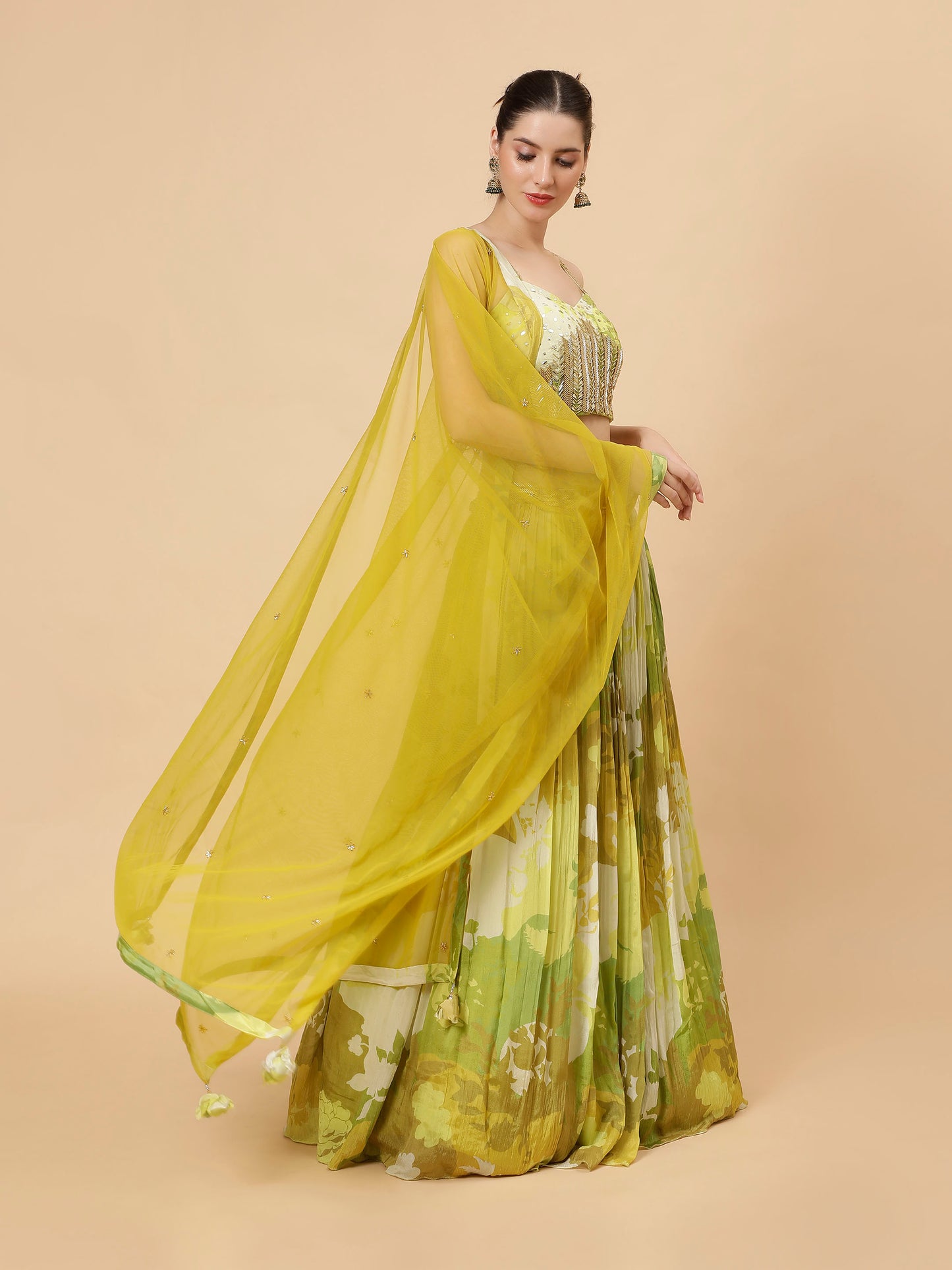 Printed georgette Yellow Green Modern Lehenga