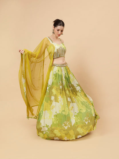 Printed georgette Yellow Green Modern Lehenga