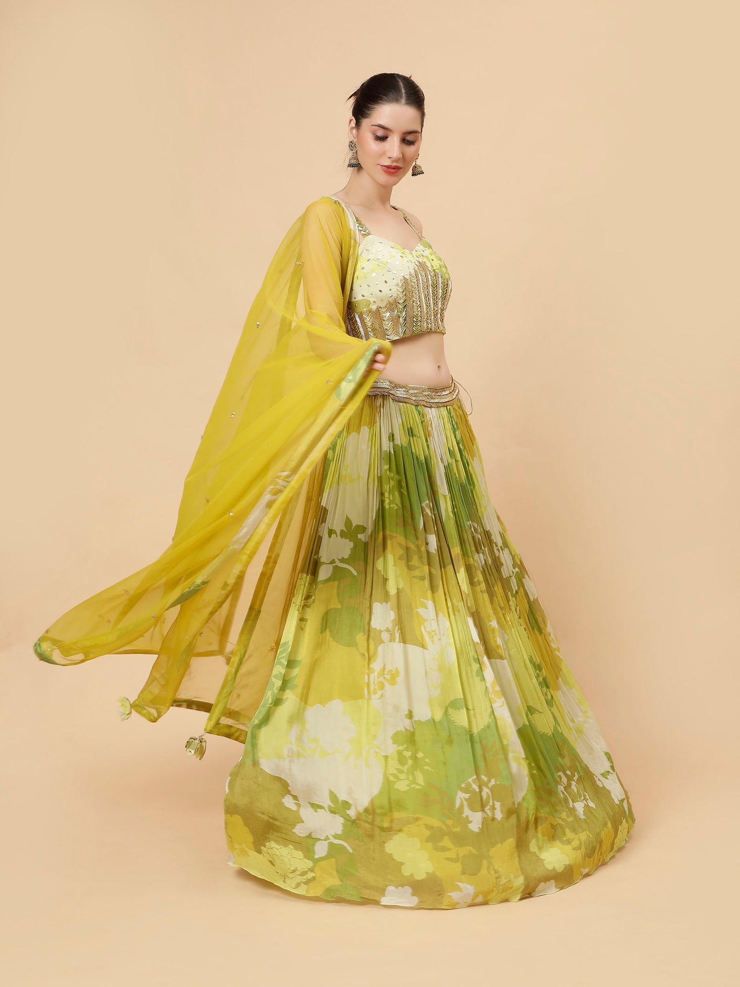 Printed georgette Yellow Green Modern Lehenga