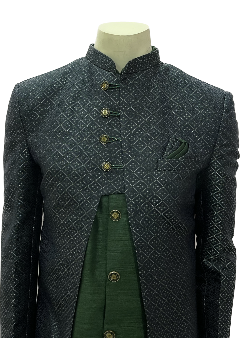 Mens Dark Green and Grey Indowestern Sherwani