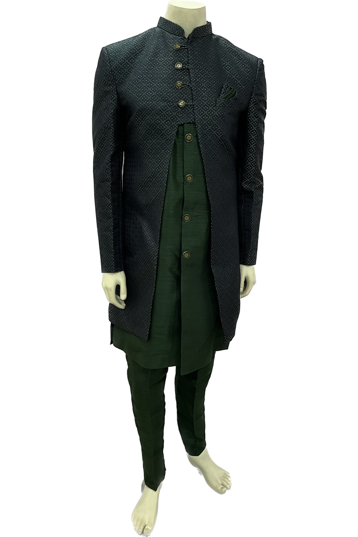 Mens Dark Green and Grey Indowestern Sherwani