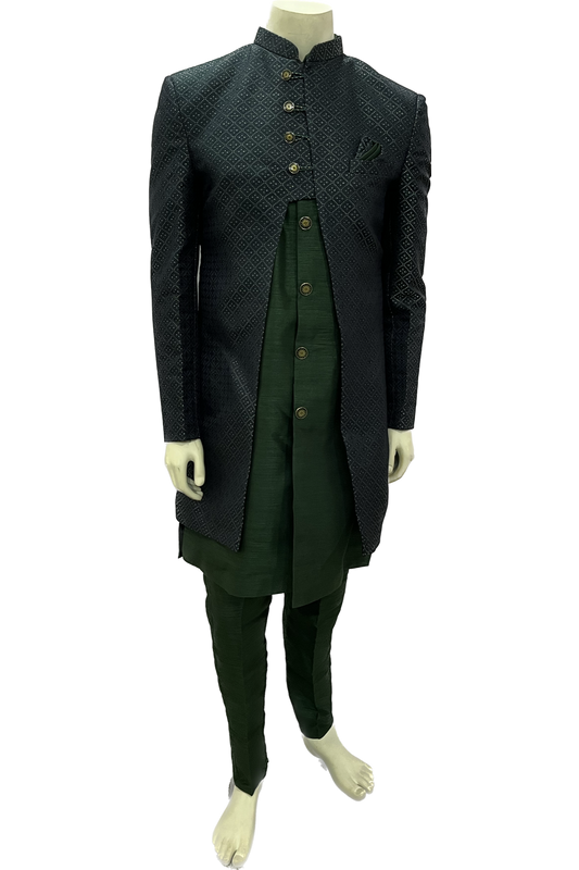 Mens Dark Green and Grey Indowestern Sherwani