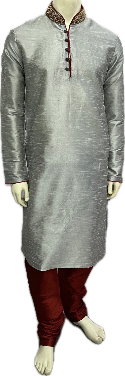 Designer Silver Grey Silk Kurta Pajama