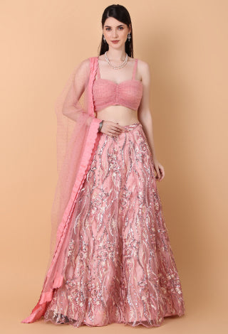 Net Lehenga - Baby Pink with Silver embroidery